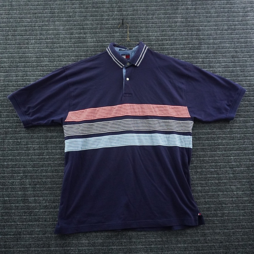 Tommy Hilfiger Polo Shirt Mens XL Navy Blue Striped Chest Short Sleeve Cotton